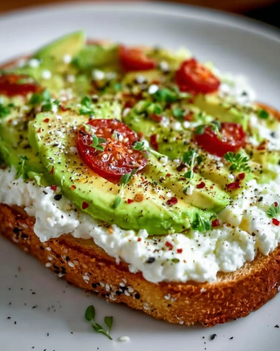 Avocado cottage cheese toast topped with fresh herbs and spices