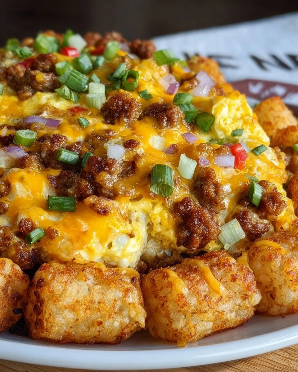 Loaded breakfast burrito casserole with tater tots on a serving dish
