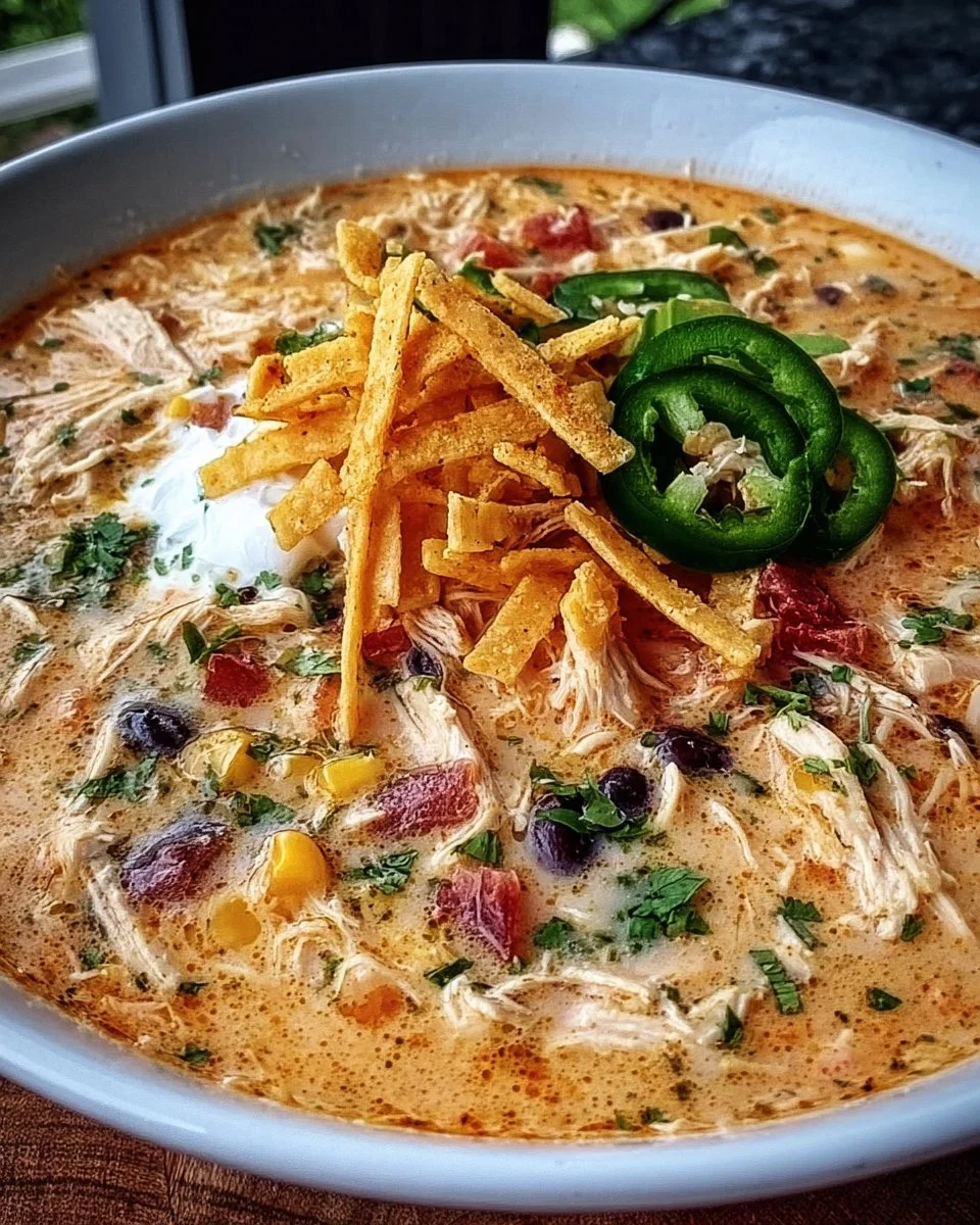 Bowl of creamy chicken tortilla soup with toppings like cheese and tortilla strips