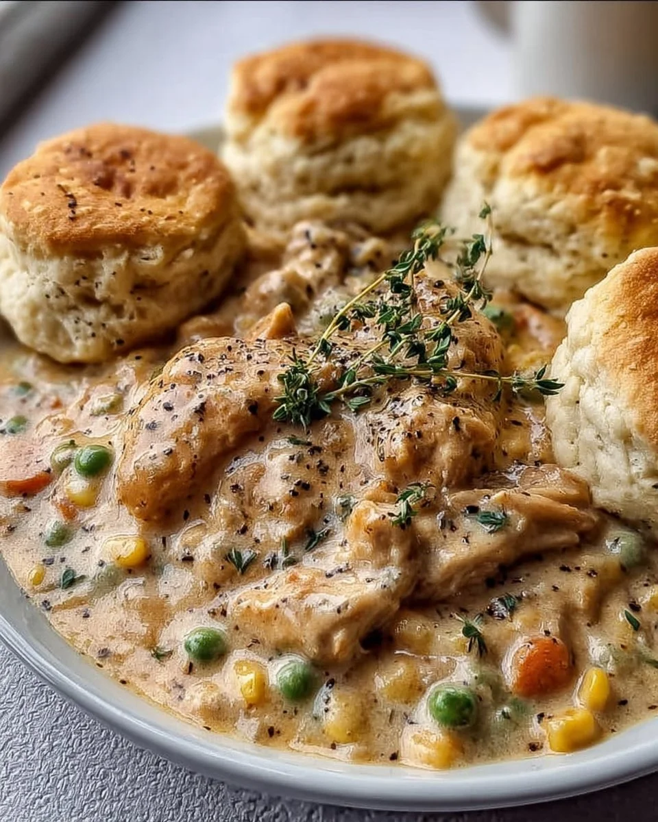 Creamy slow cooker chicken and biscuits served in a bowl with herbs on top.