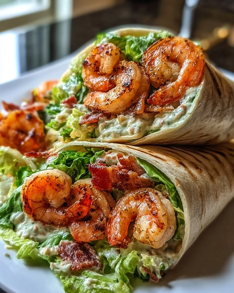 Grilled Shrimp Caesar Wraps served on a plate with fresh ingredients.