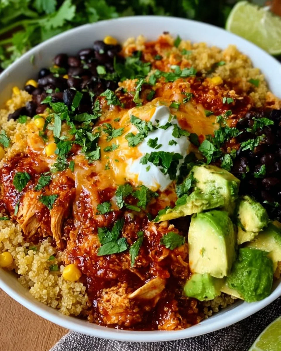 High protein chicken enchilada bowls with fresh ingredients and vibrant toppings