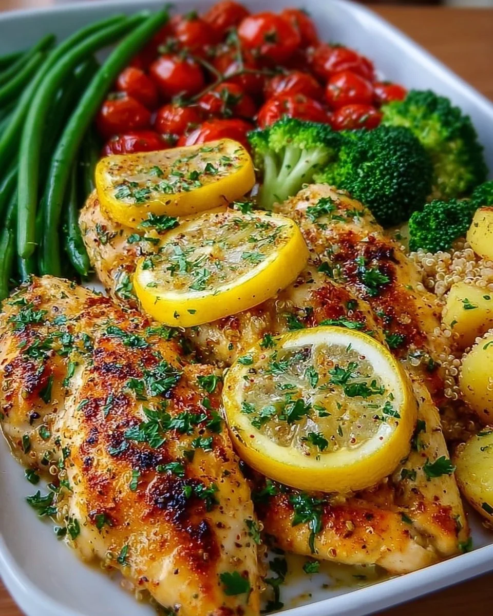 Lemon garlic chicken meal prep bowls with fresh vegetables