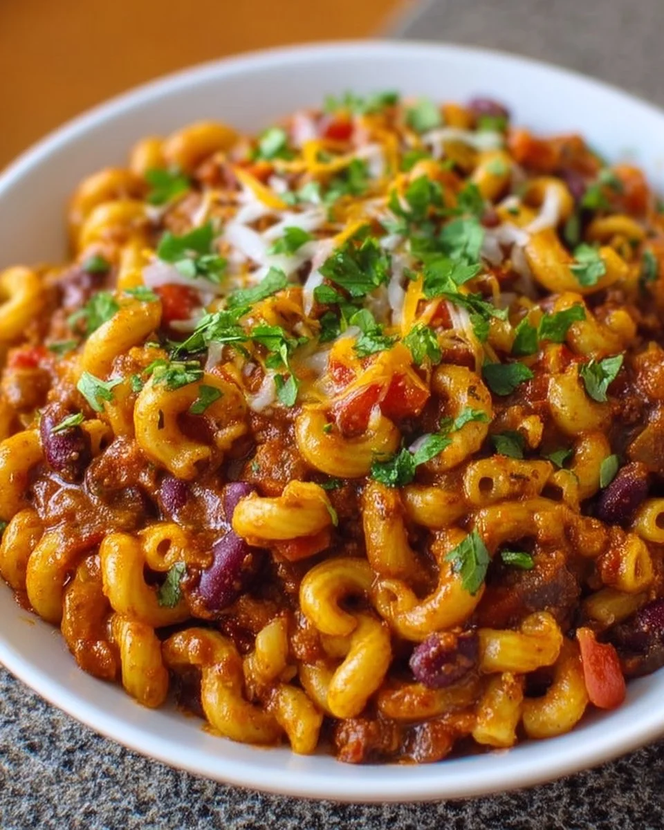 One Pot Vegetarian Chili Mac served in a bowl with toppings.