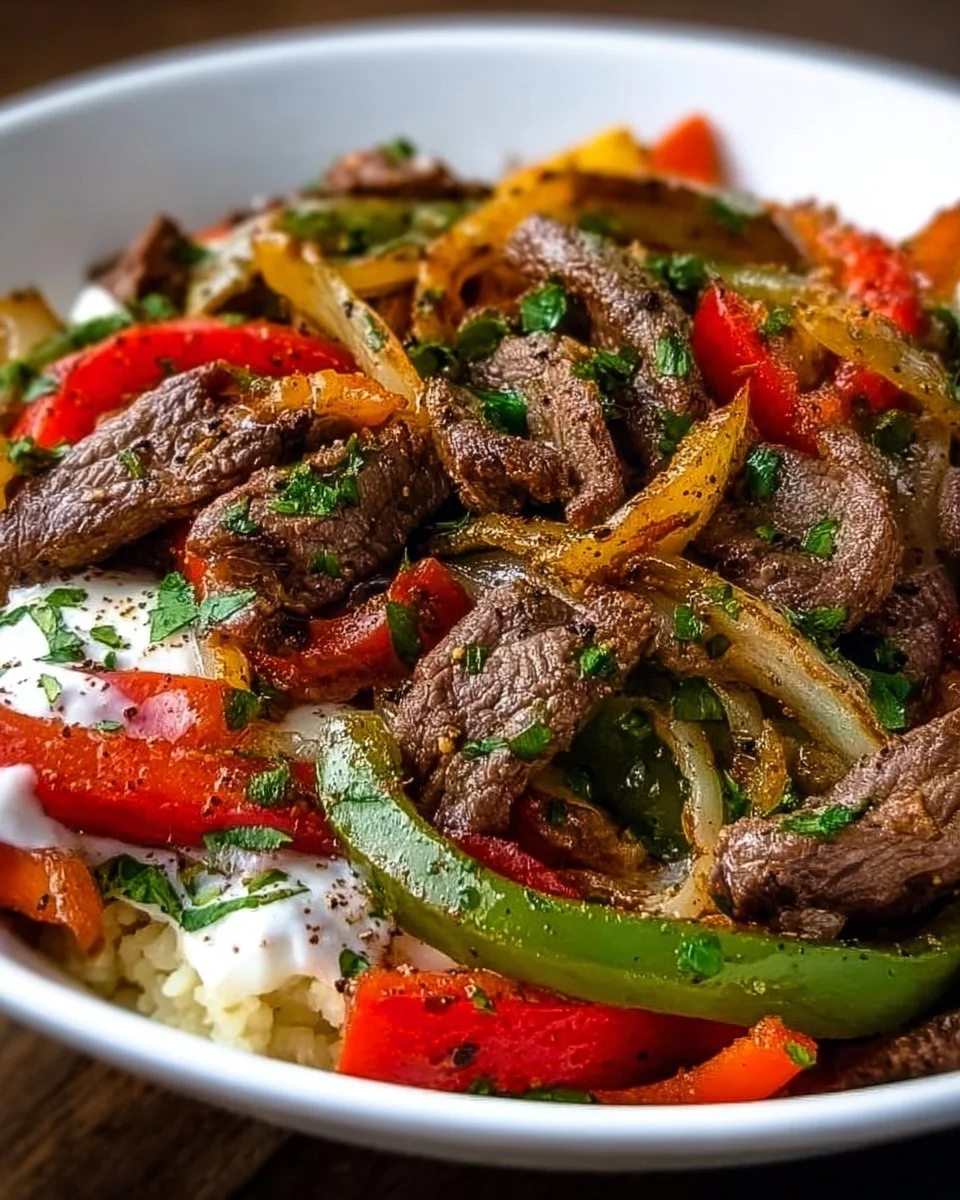 Philly Cheesesteak bowl with meat, cheese, and peppers