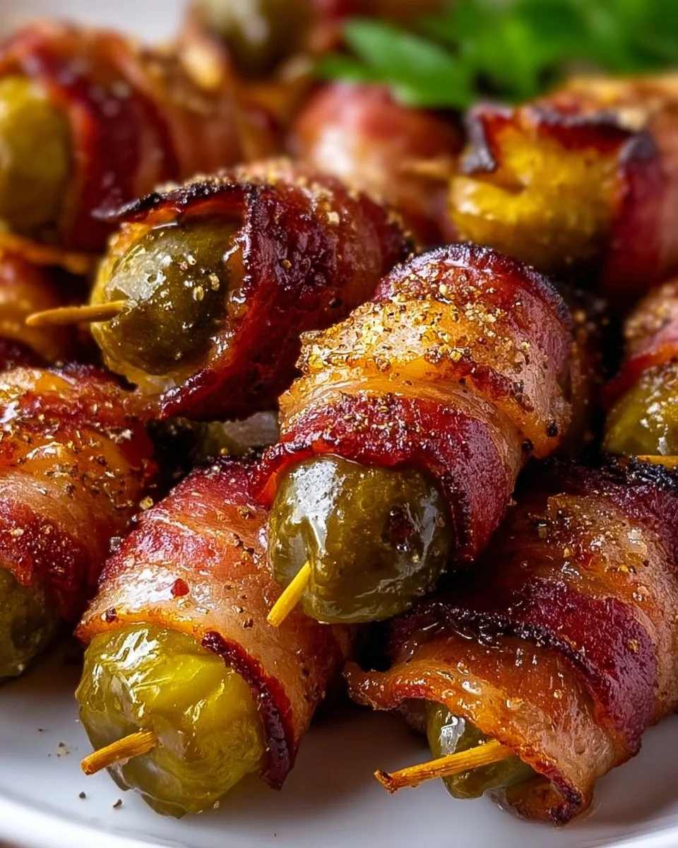 Delicious bacon-wrapped pickles served on a platter