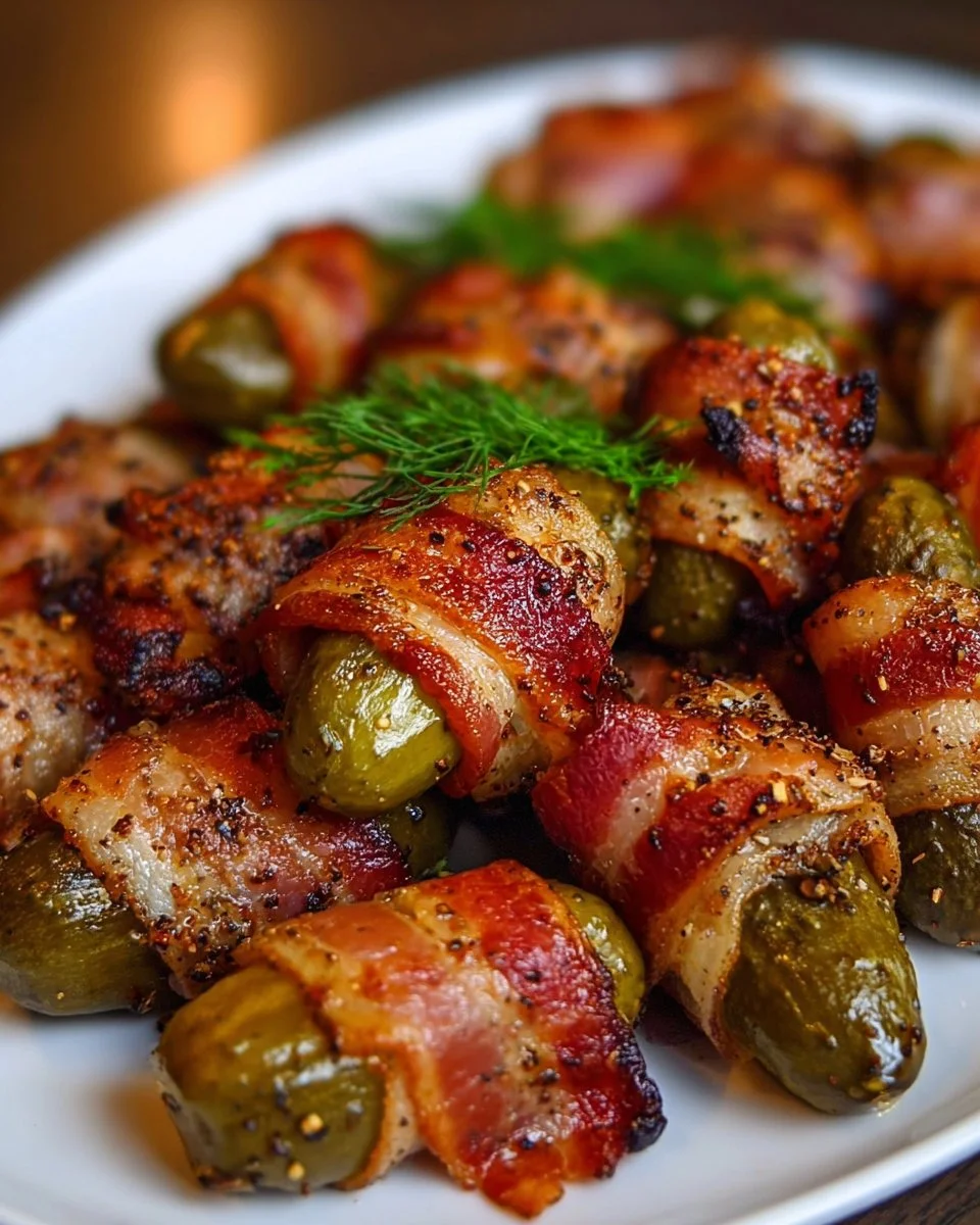 Delicious bacon-wrapped pickles served on a platter