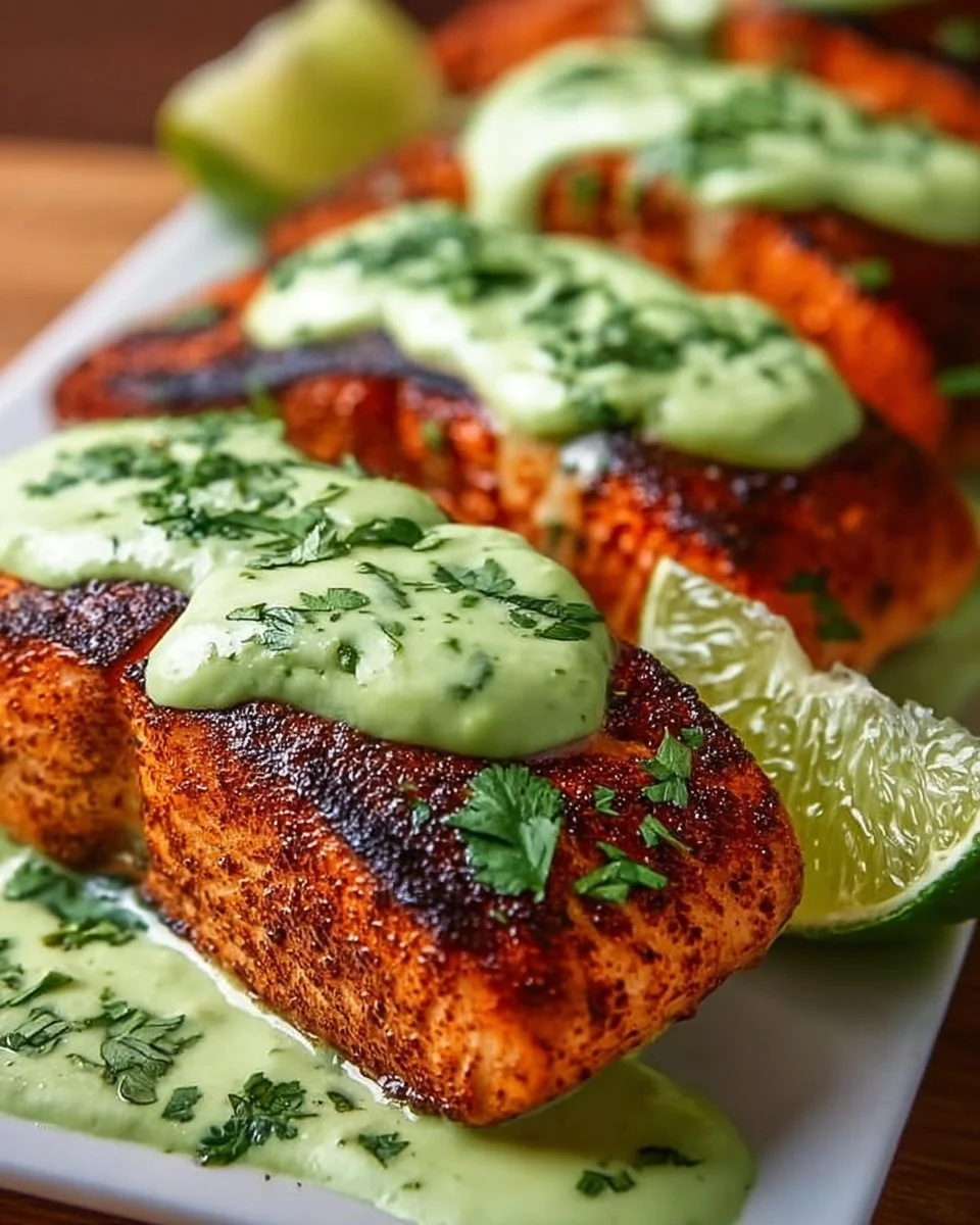 Baked Cajun Salmon with Creamy Avocado Lime Sauce