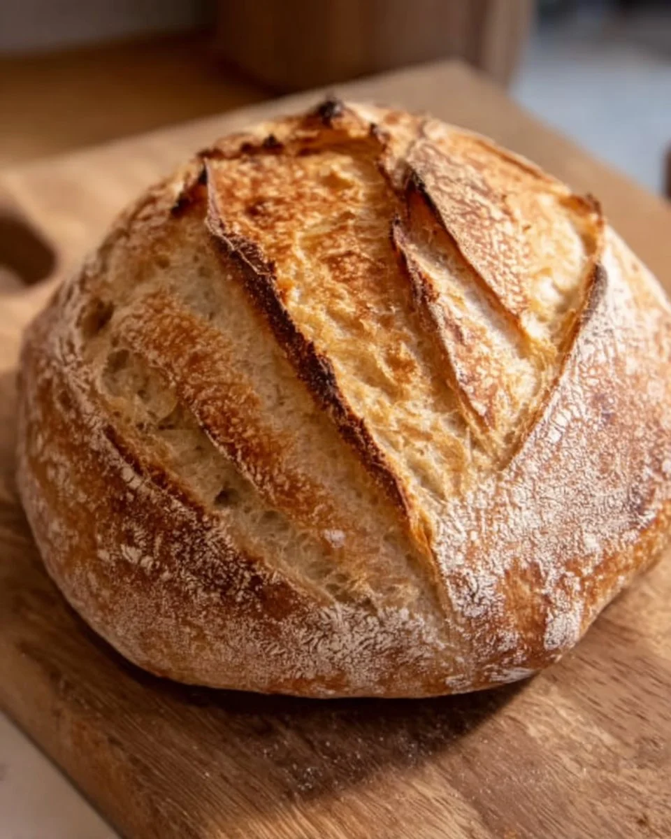 Golden crust of a freshly baked sourdough boule on a wooden cutting board
