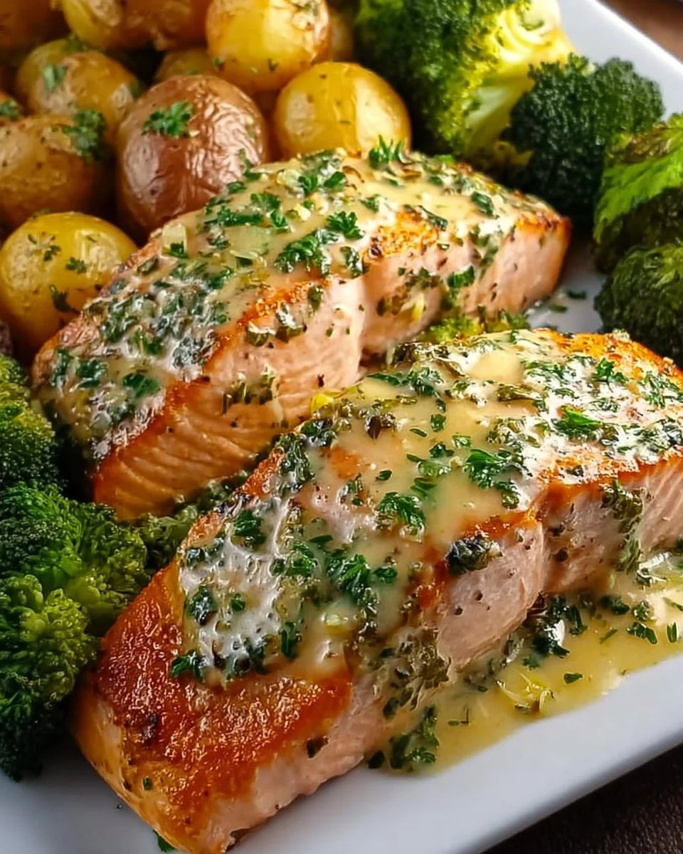 Lemon Butter Salmon with Crispy Potatoes and Broccoli