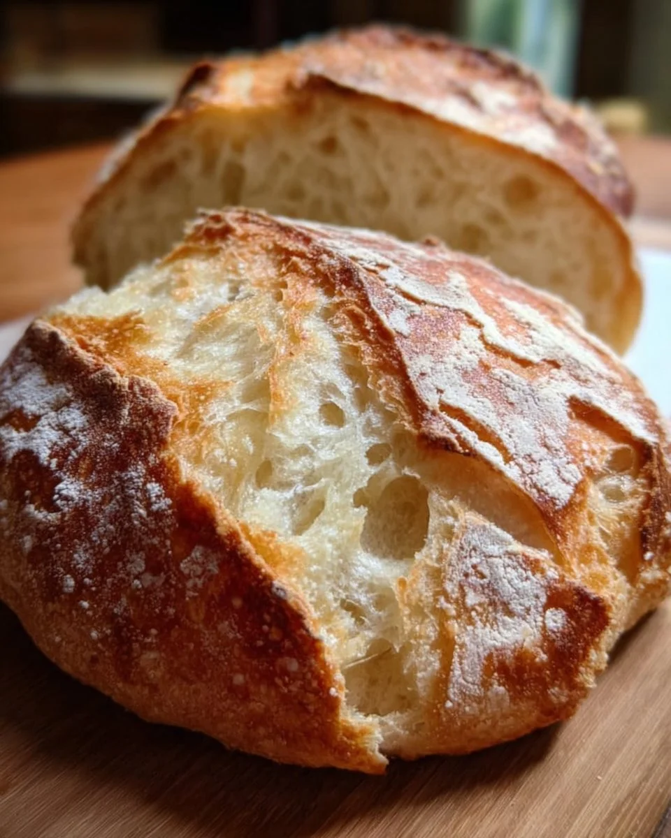 Freshly baked one-day sourdough bread on a wooden cutting board.