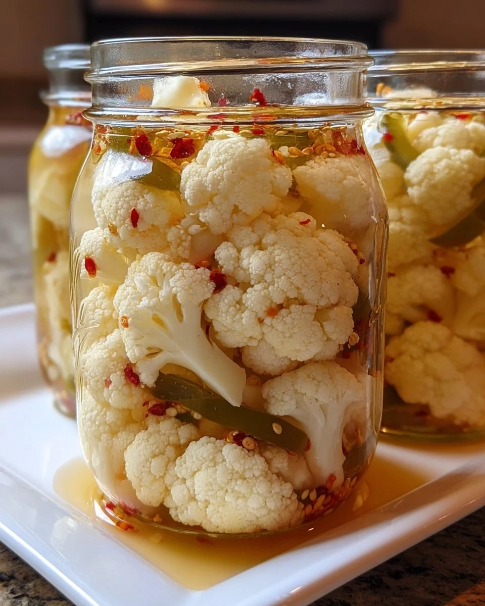 Jar of pickled cauliflower with fresh herbs and spices