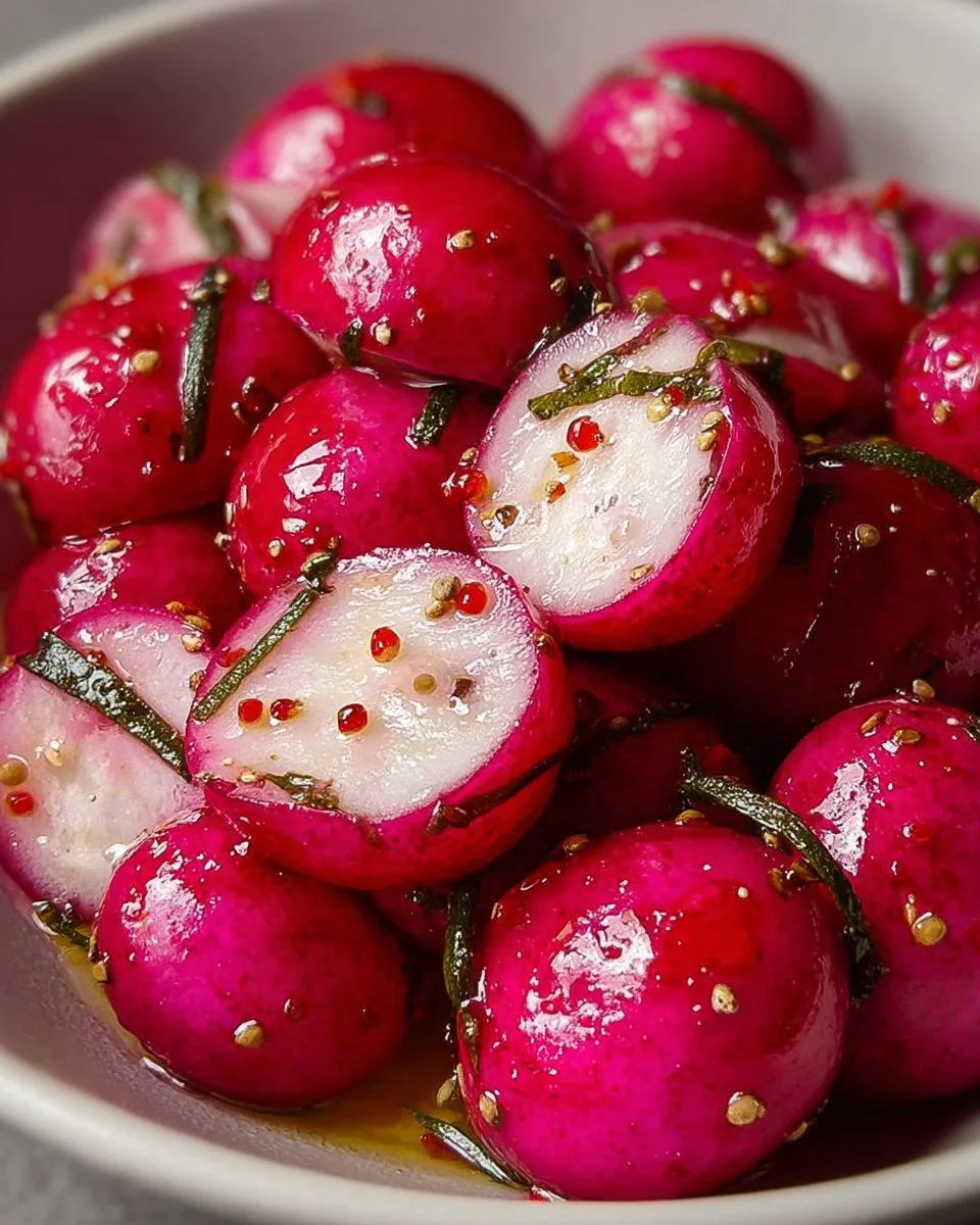 Bowl of homemade pickled radishes with vibrant red color