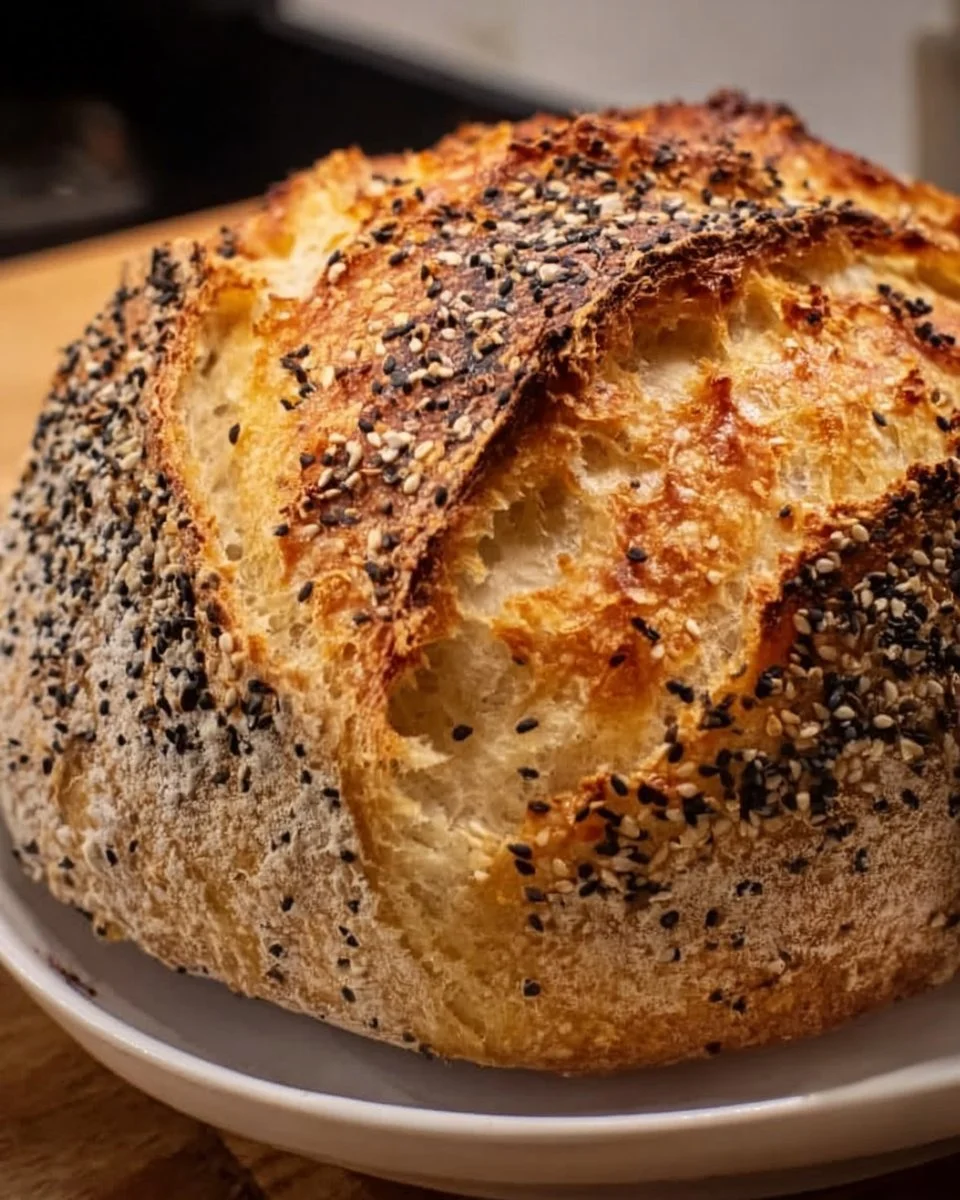 Same-day sourdough boule with everything seeds, freshly baked bread.