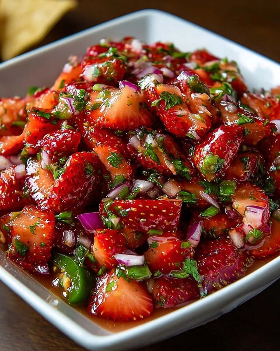 Delicious strawberry jalapeño salsa with fresh ingredients in a bowl