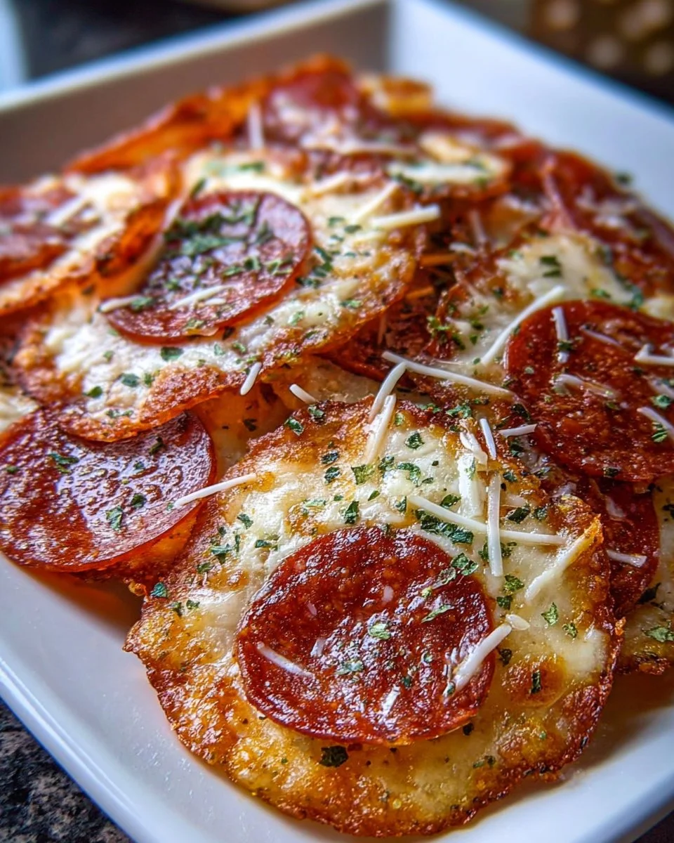 Crispy Air Fryer Pepperoni Pizza Chips served in a bowl
