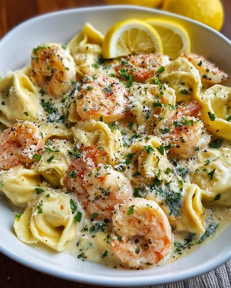 Cheese Tortellini with Shrimp in Lemon Garlic Cream Sauce