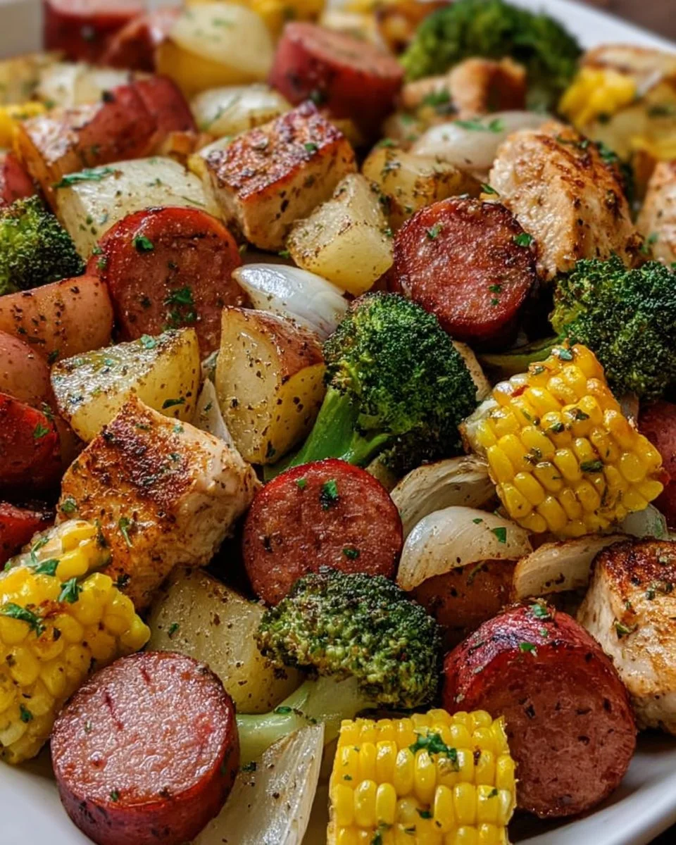 Chicken, Sausage, Potatoes, Broccoli And Corn Foil Packets