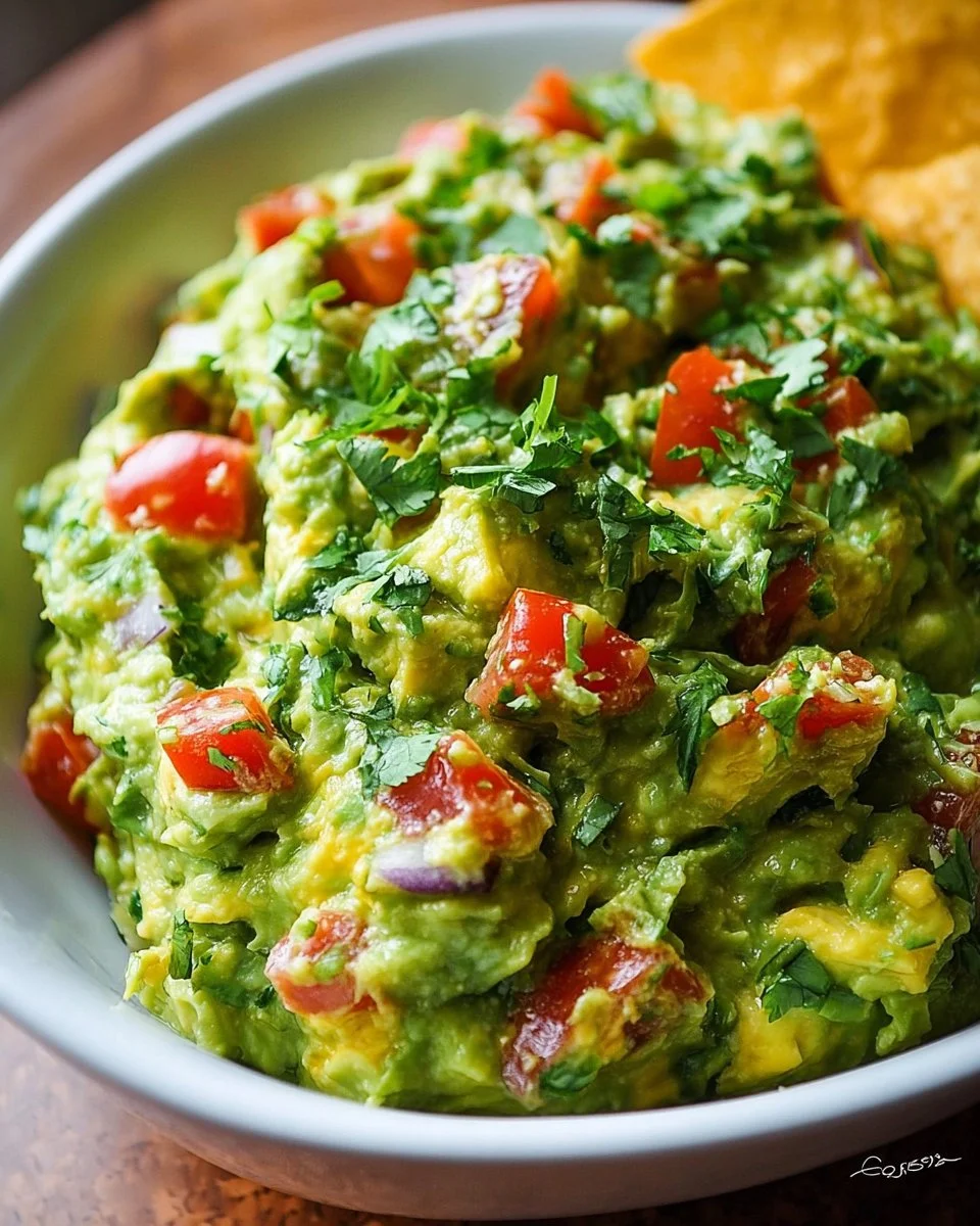 A bowl of homemade guacamole with fresh ingredients and tortilla chips