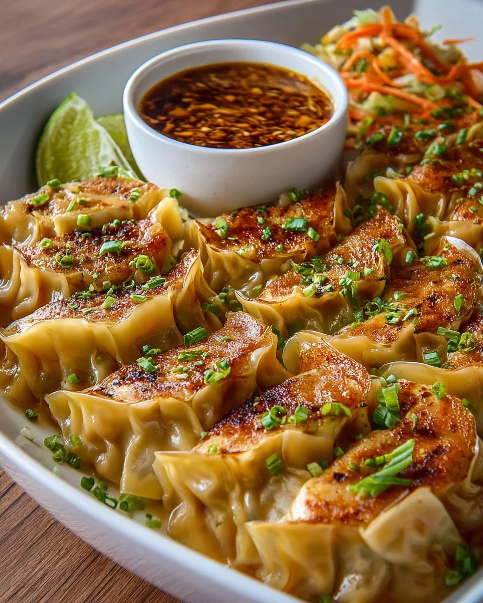 Oven-Baked Dumplings with Peanut Sauce