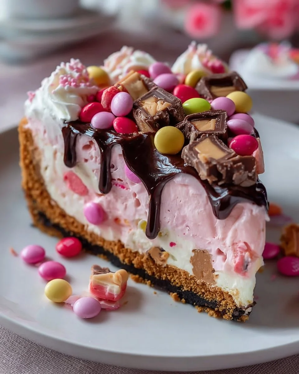 Pink M&amp;M Snickers Cheesecake