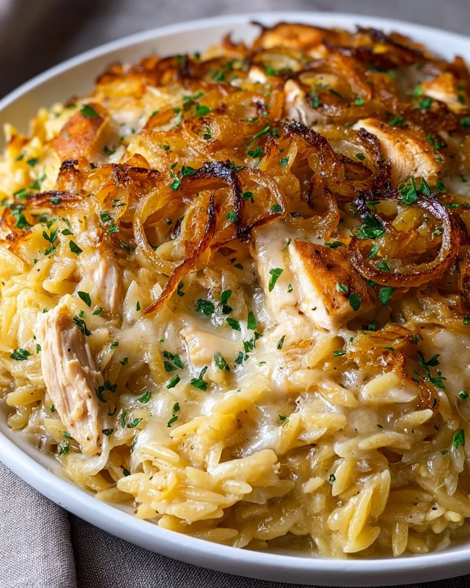 French Onion Chicken Orzo Casserole