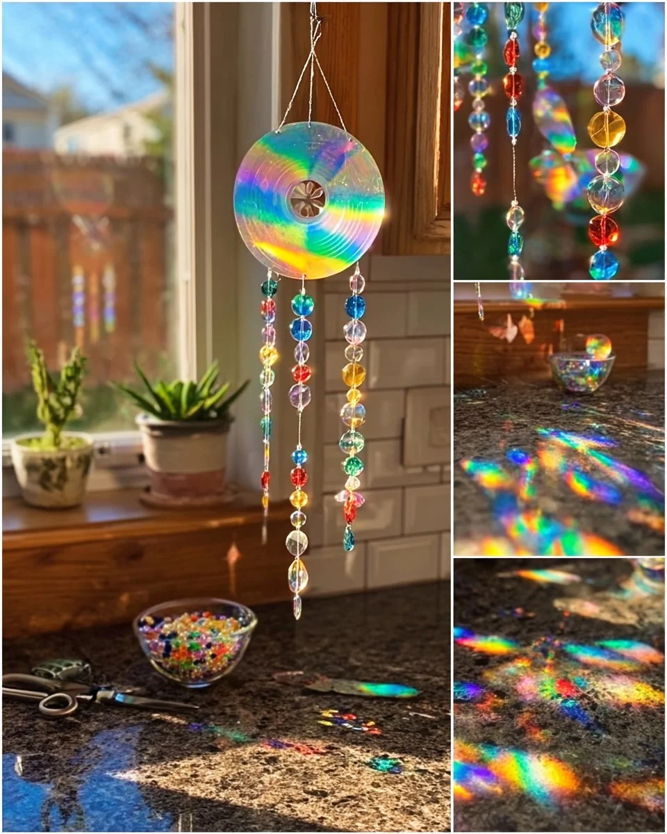✨ Before You Throw Away Old CDs! Make Dazzling Rainbow Wind Spinners That Fill Your Yard with Light Materials: Old CDs Fishing line Scissors Hole punch Beads Steps: Cut old CDs into various diamon…