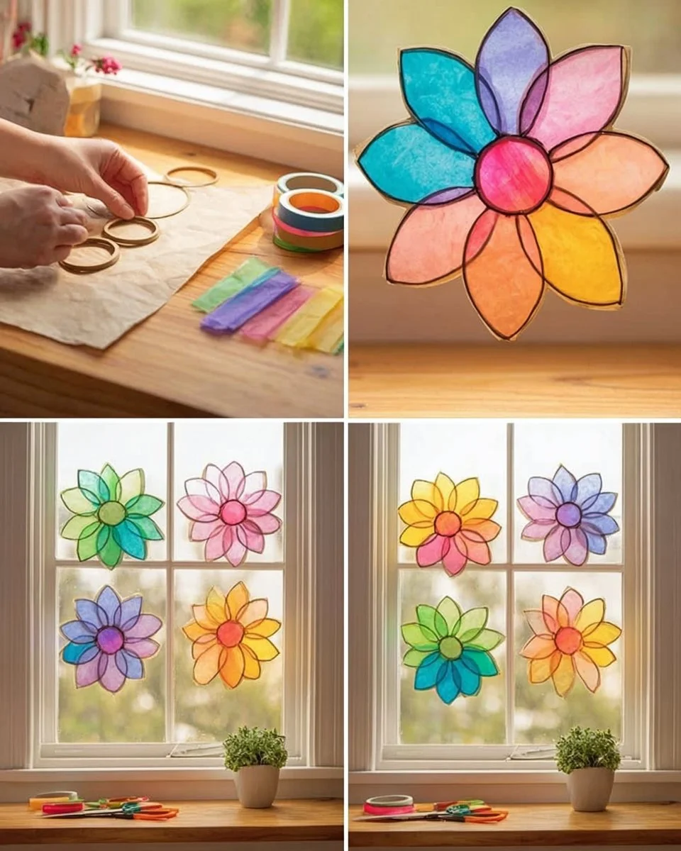 Cardboard Tube Mosaic Flower Suncatcher Materials Cardboard toilet paper tubes Colorful tissue paper White parchment paper or wax paper School glue Scissors Clear tape Paintbrush String for hanging…