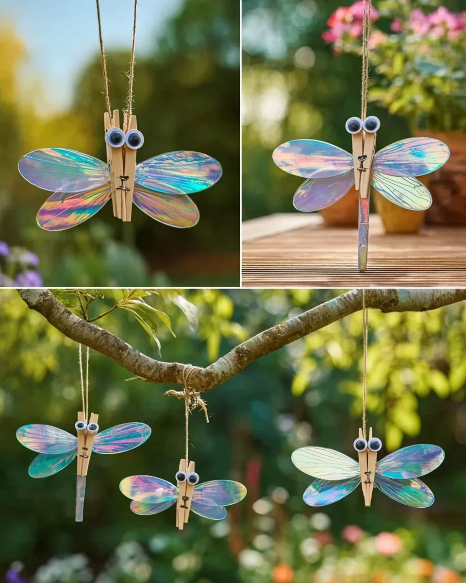 DIY dragonfly decor made from recycled CDs and colorful materials
