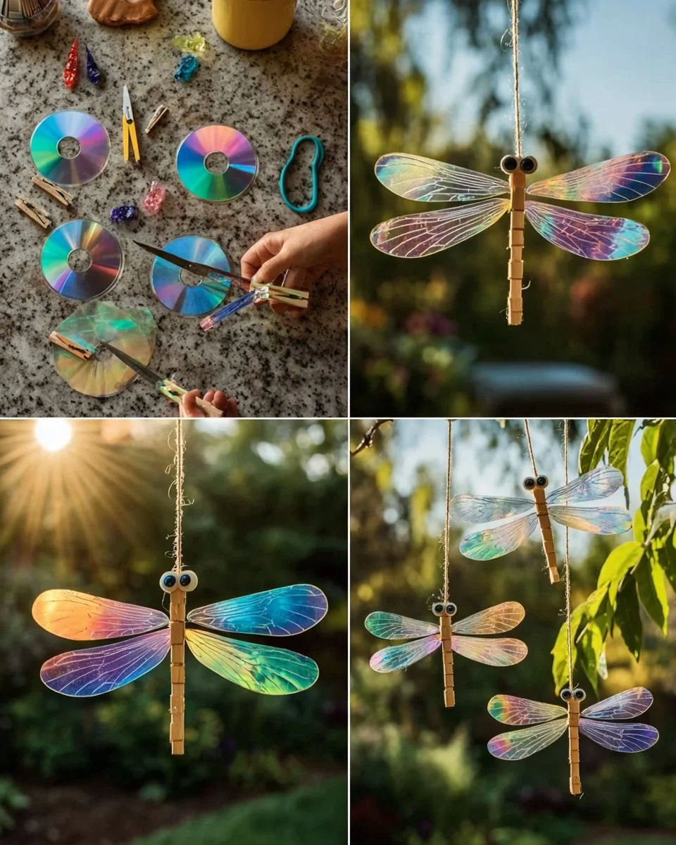 CD Dragonfly Sun Catchers Materials Old CDs Wooden clothespins Googly eyes Hot glue gun Scissors String or fishing line Decorative gems or beads Instructions Step 1 Cut the CDs into small oval win…