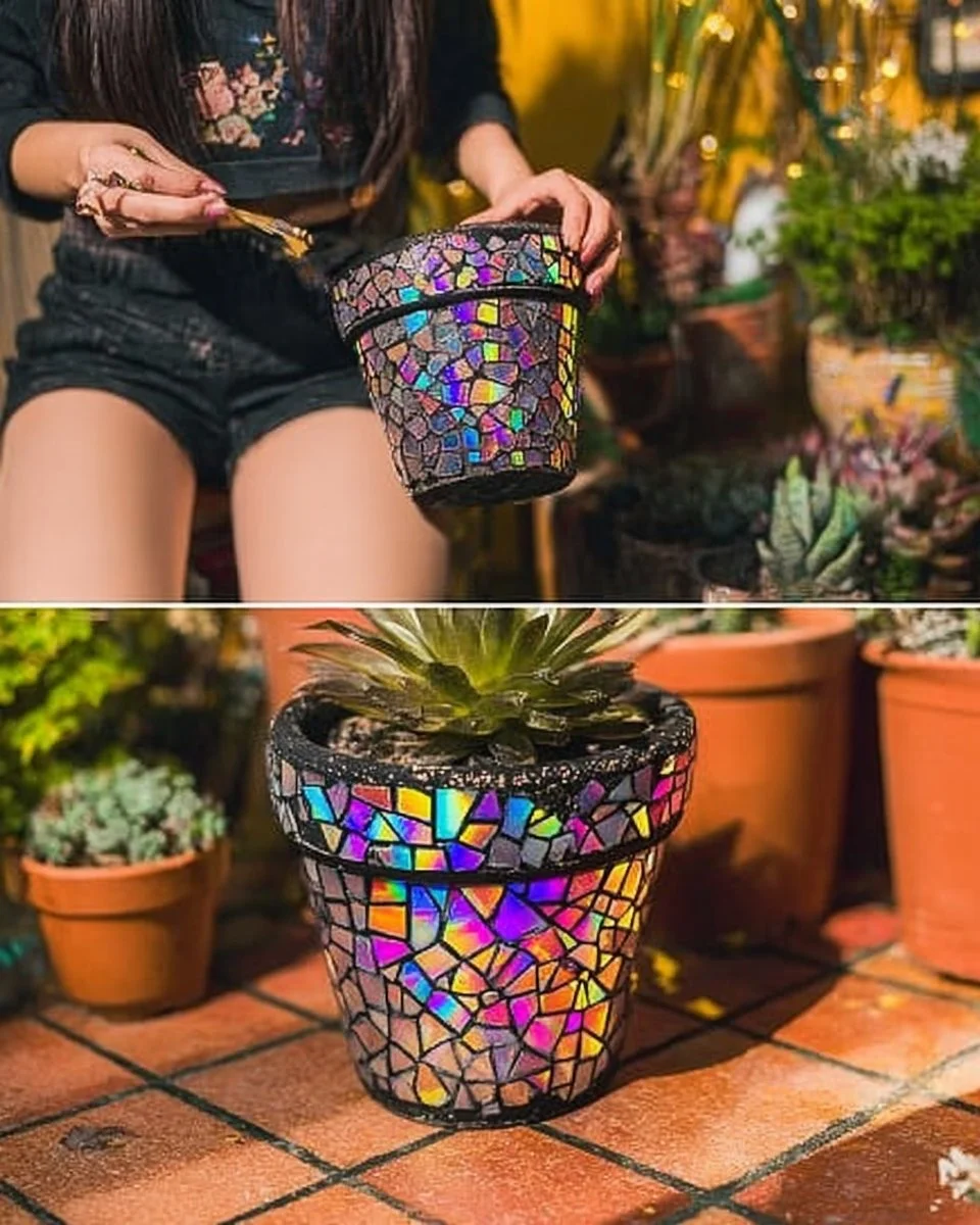 Beautiful CD mosaic flower pot decorated with old CDs and vibrant paint.
