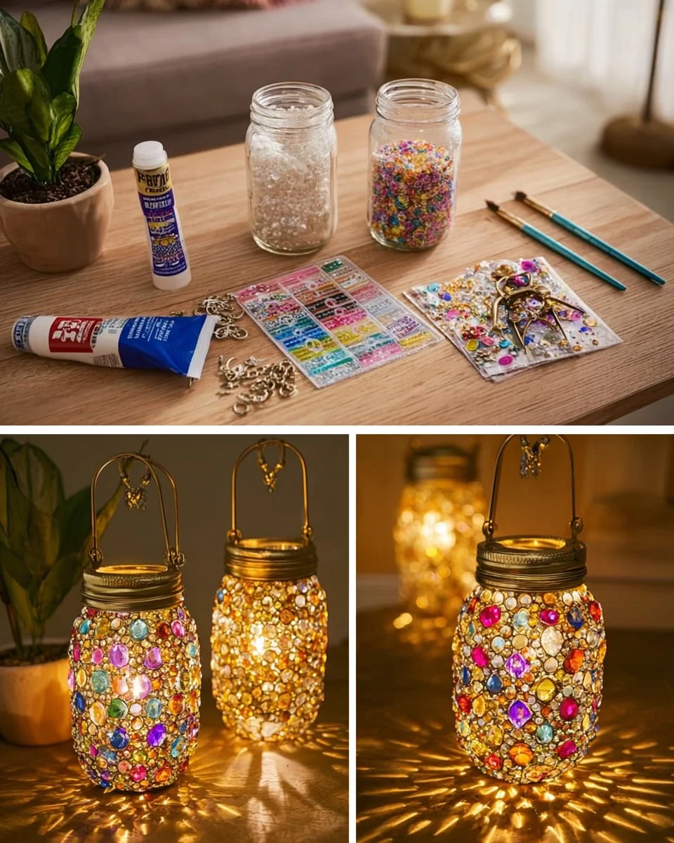 DIY Colorful Gem Mason Jar Lantern with acrylic gem stickers and decorative trim