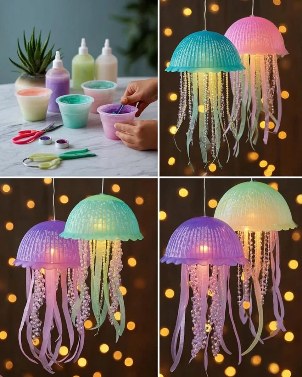 Colorful DIY jellyfish lanterns made from plastic colanders and string lights.