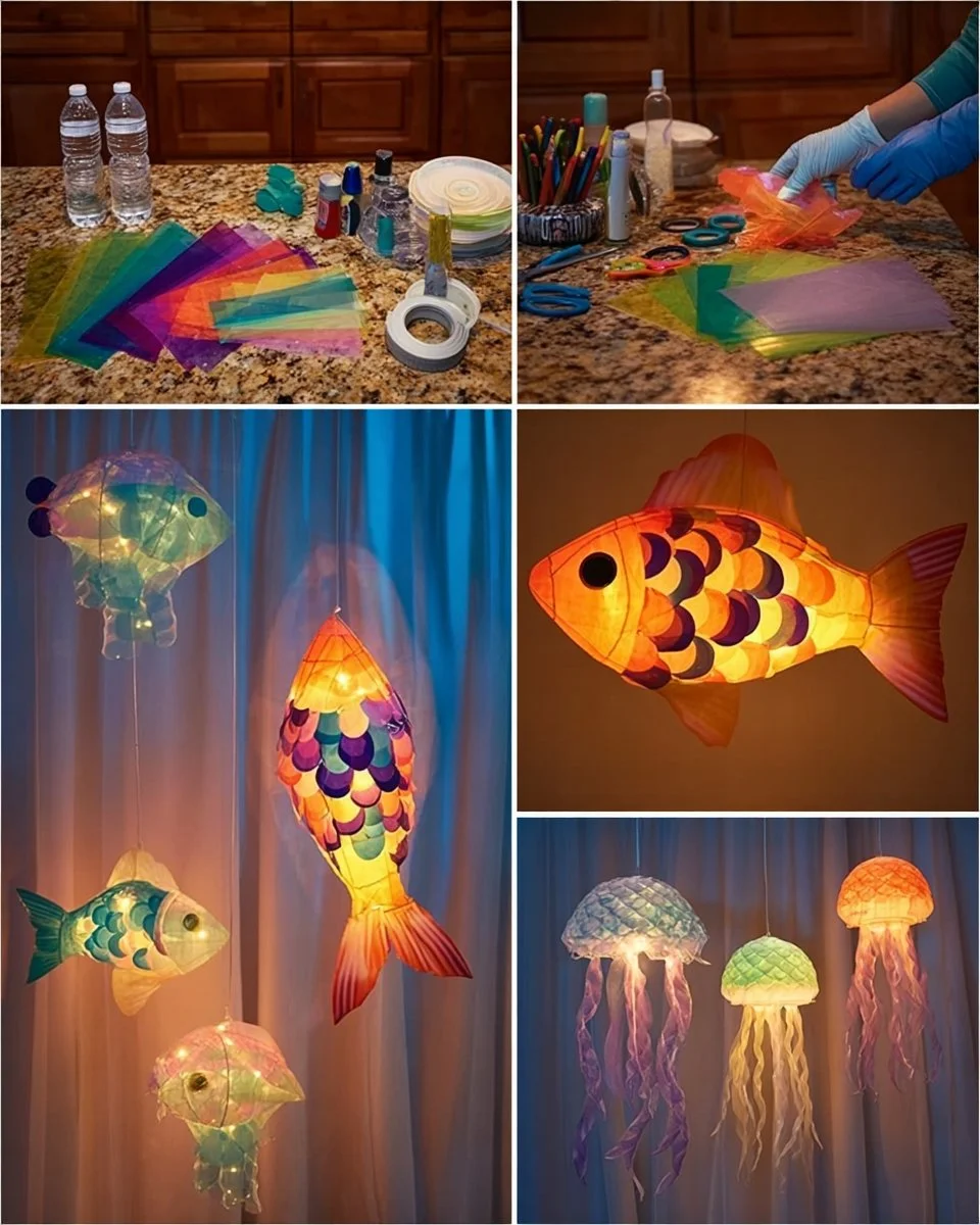 Colorful tropical fish lanterns glowing and floating in the air, resembling an aquarium.