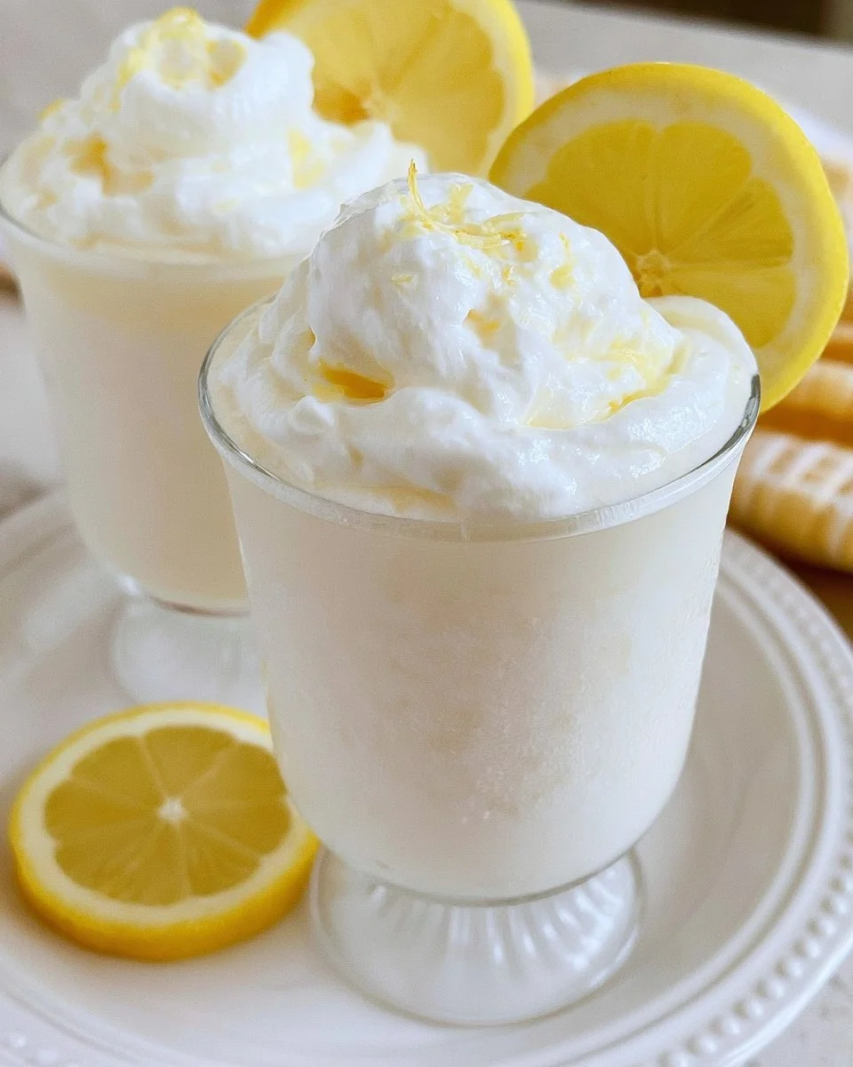 A refreshing glass of frozen whipped lemonade topped with lemon slices and mint leaves.