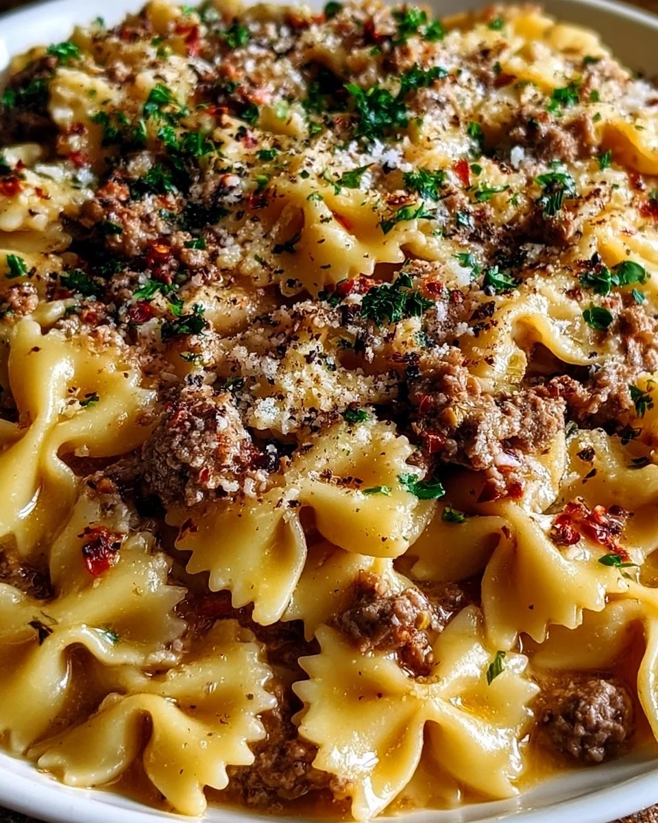 Garlic Butter Bowtie Pasta with Ground Beef