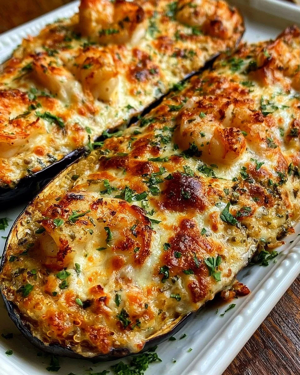 Garlic Parmesan Shrimp Stuffed Eggplant Boats