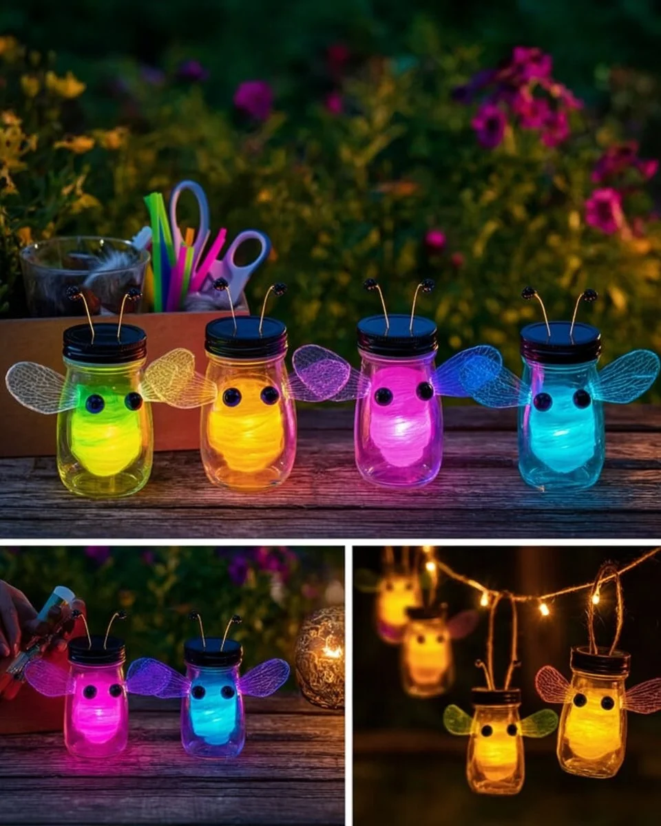 DIY glow firefly jar lantern with craft materials and twinkling effects.