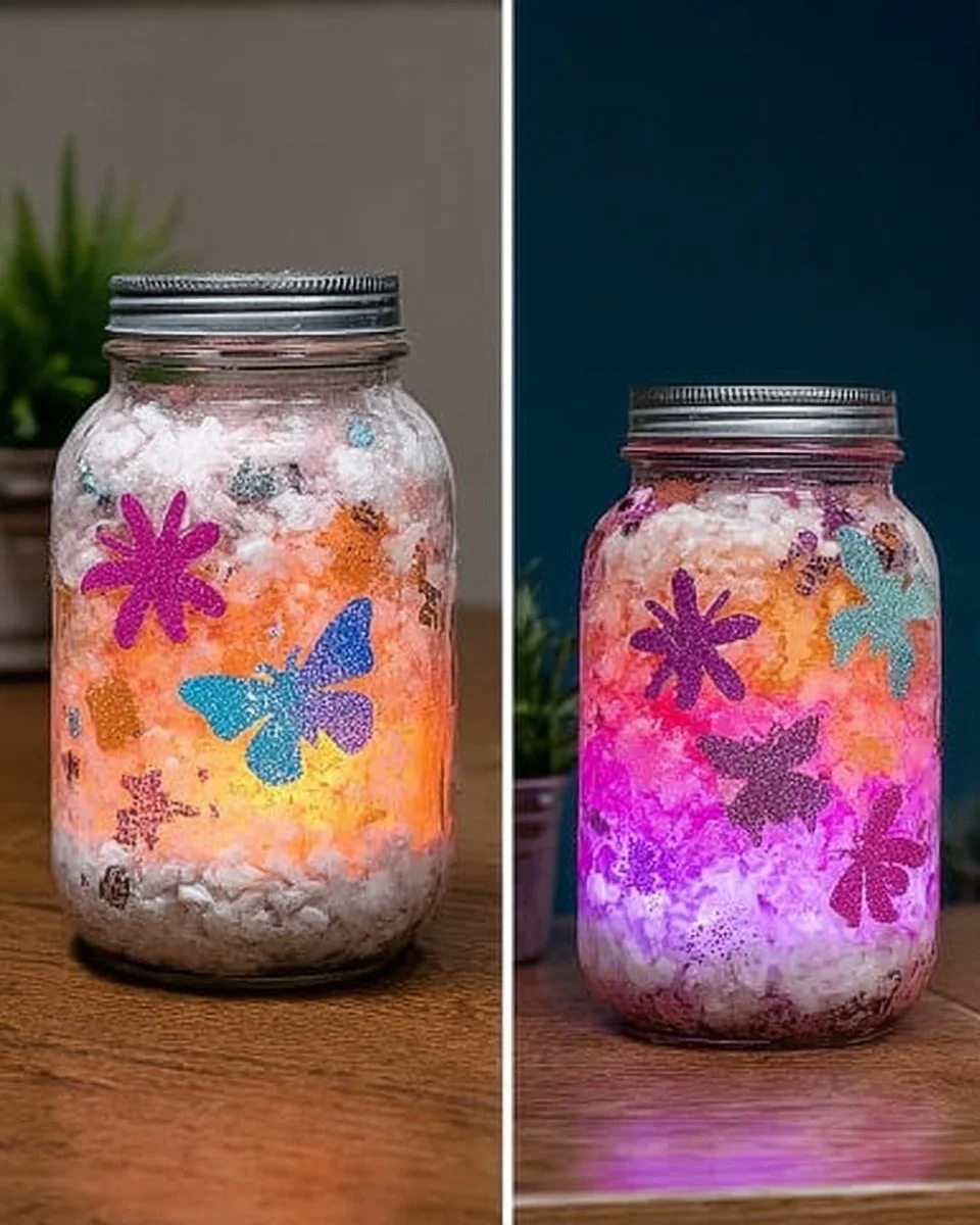 Glowing mason jar night lights decorated with glow sticks and cotton balls.