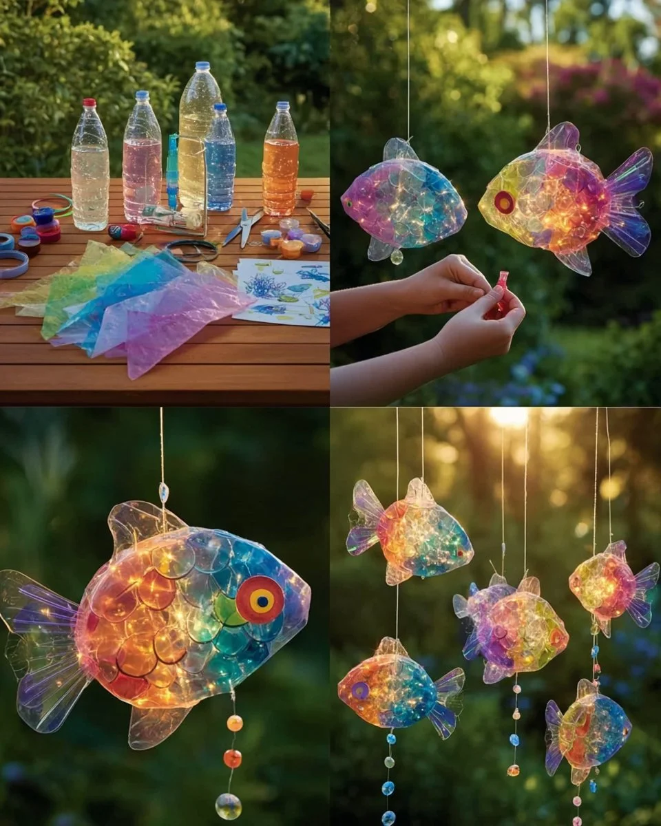 DIY glowing bottle fish lantern made with plastic, tissue paper, and lights.