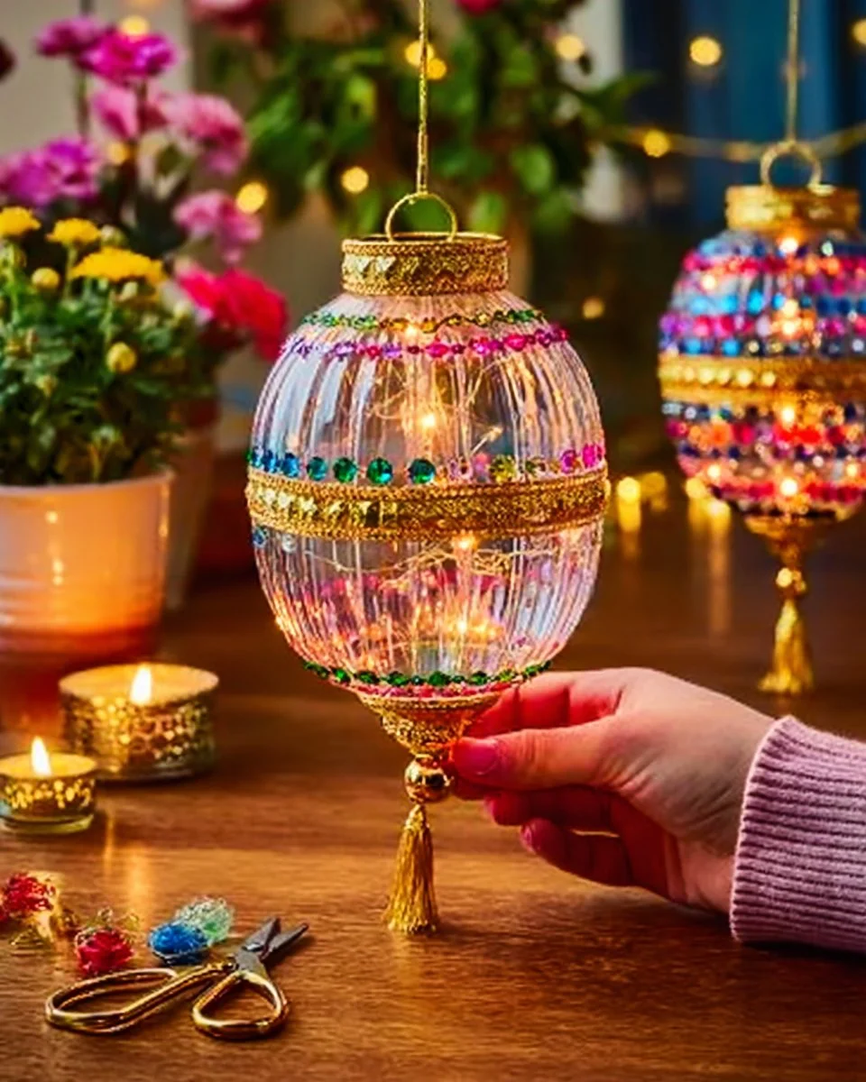 DIY glowing jewel bottle lantern with LED lights and decorative gems