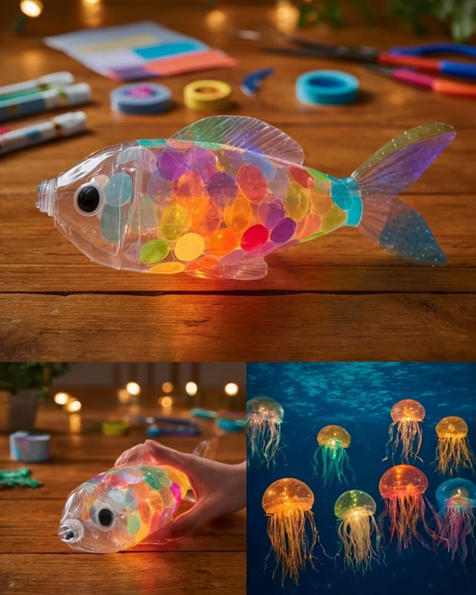 Glowing Rainbow Fish Lantern Materials Clear plastic water bottle Colored tissue paper Iridescent craft paper or cellophane LED fairy lights Googly eyes Hot glue gun Scissors Colored cardstock for t…