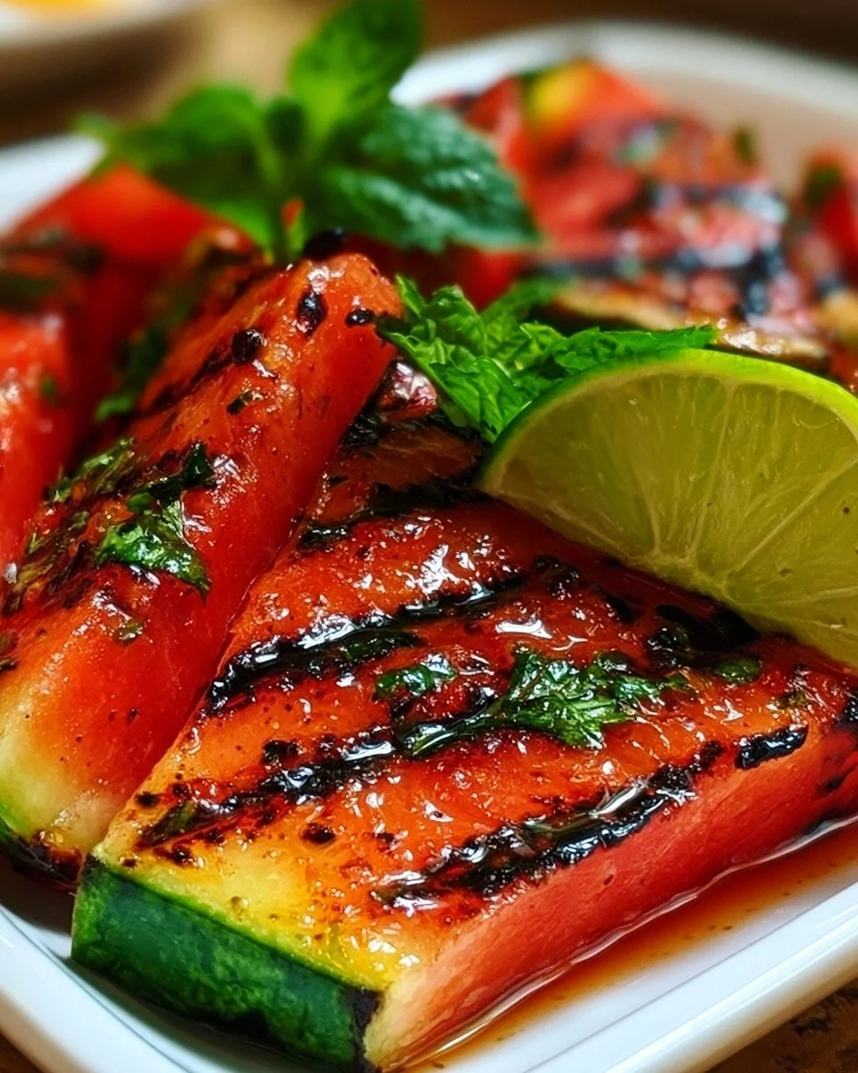 Grilled watermelon slices drizzled with lime and honey
