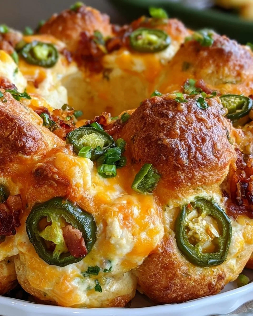 Delicious Jalapeno Popper Monkey Bread garnished with jalapenos and cheese