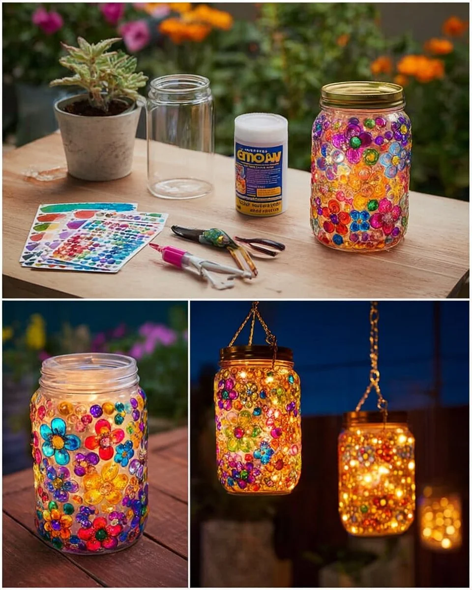 DIY Jeweled Mason Jar Lantern with acrylic gems and decorative trim
