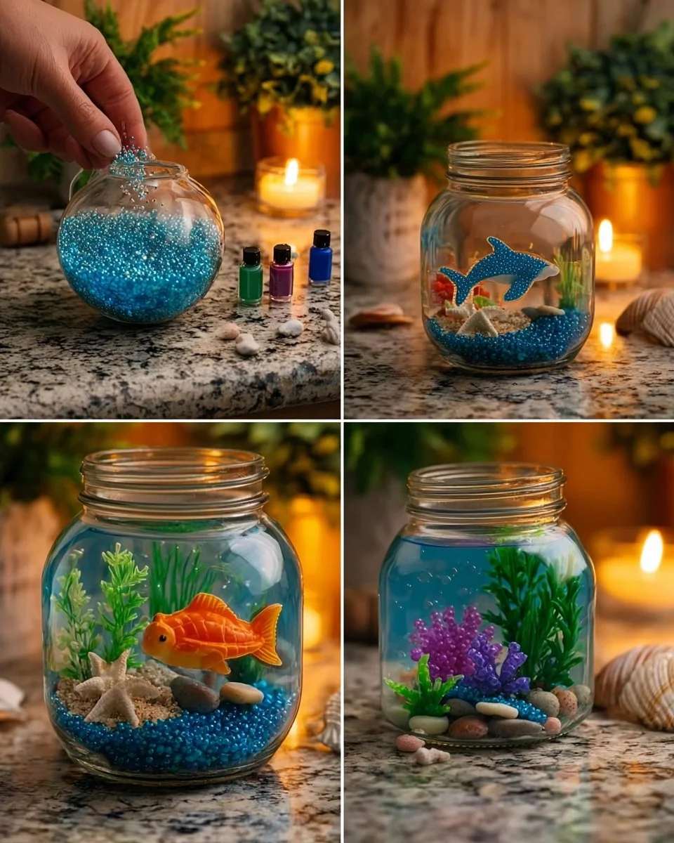 Ocean Glitter Sensory Jar with blue glitter, water beads, and ocean animal figures.