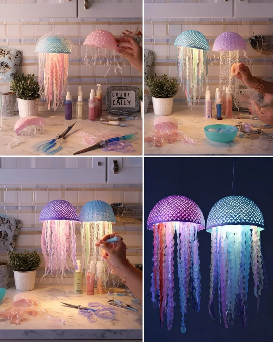 DIY pastel jellyfish lights made from colanders and fairy lights