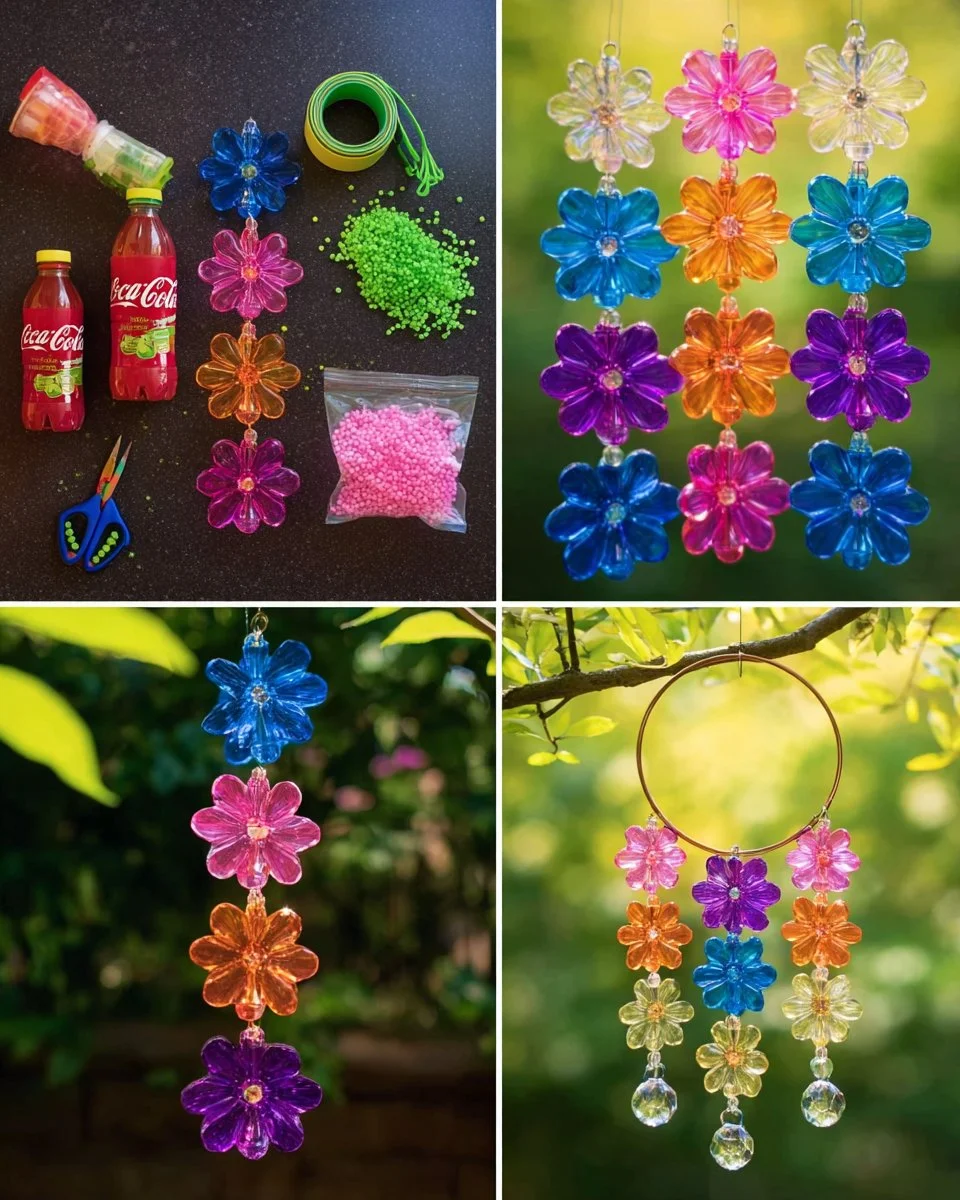 Recycled plastic bottle flower wind chime for garden and balcony decoration