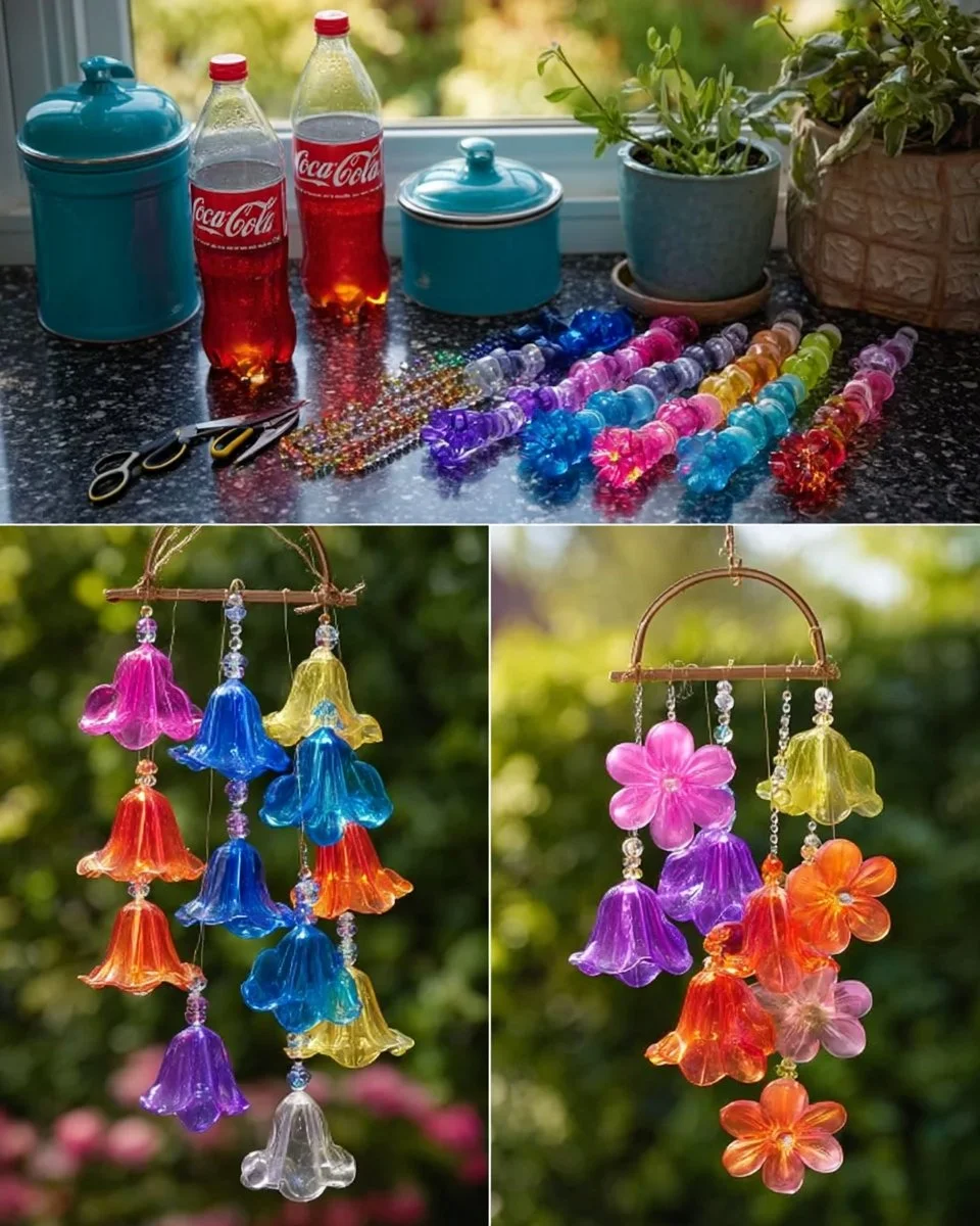 Colorful plastic bottle flower wind chime decoration for garden and balcony