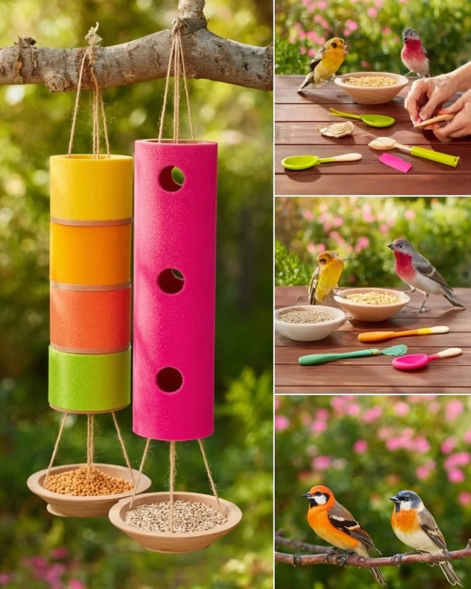 DIY pool noodle bird feeder made with colorful materials and bird seed
